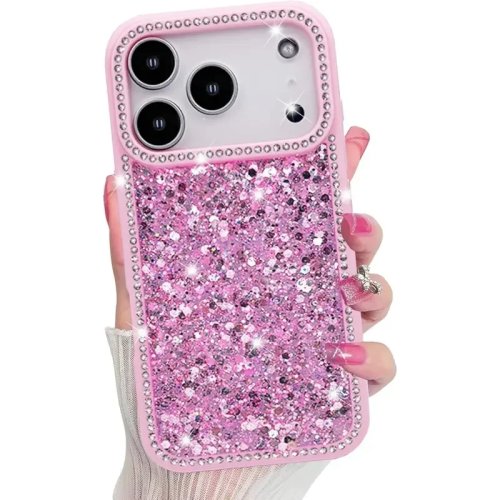 Funda transparente TPU slim con borde de cristales y lentejuelas brillantes para iPhone 13/14/15/16/17 Pro Max — estilo bling para mujer
