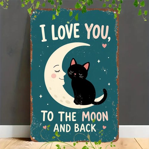 Biển thiếc phẳng 2D phong cách cổ điển - Mèo đen và mặt trăng 'Love' - Trang trí nhà, gara, quán cà phê, bar và vườn