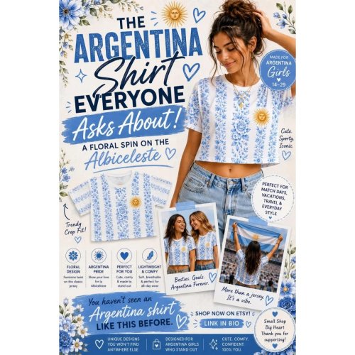 Playera crop Argentina con flores y rayas – camiseta para fans de fútbol, top deportivo de verano para mujer (también en tallas para hombre y niño)
