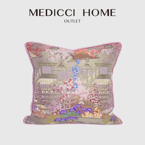 Наволочка Medicci Home в японском стиле — роскошный жаккардовый брокат с цветочным и традиционным архитектурным узором