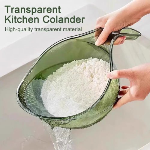 Rổ rửa gạo trong suốt bằng nhựa an toàn thực phẩm, tay cầm công thái học — rổ rá dễ nâng cho gạo, rau củ và trái cây
