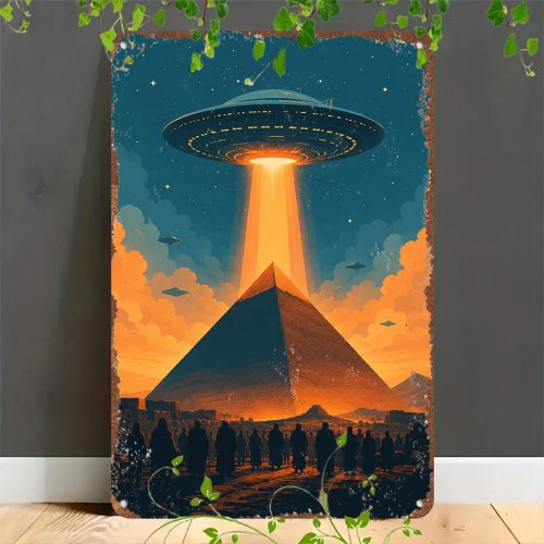 Insegna in lamiera retrò 2D piatta - UFO Alieno sopra le Piramidi d'Egitto, Decorazione per casa, garage, caffè, bar e giardino