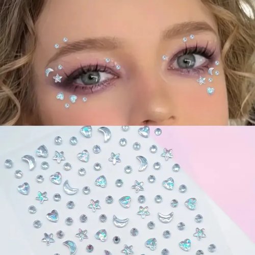Adesivi viso con strass stelle e lune multicolor — Gemme autocondensanti/autoadesive per festival, rave, party e trucco di Halloween