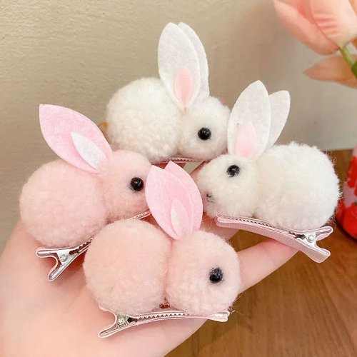2pcs 3D Plush Bunny Hair Clips - Non-slip Duckbill Barrettes for Toddlers & Kids, Side-bang Hair Clips