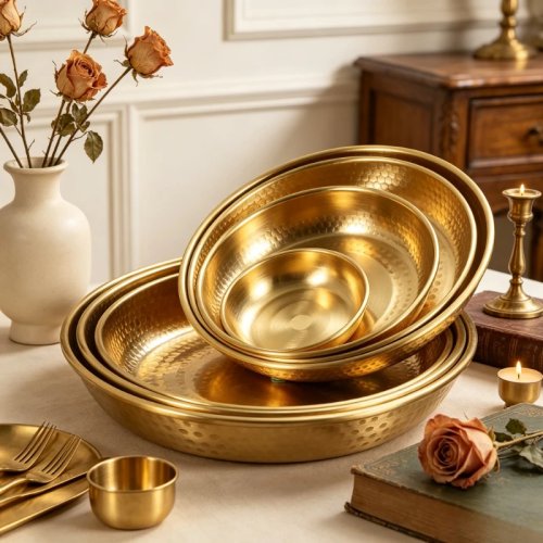 Khay/đĩa tròn dày bằng đồng thau — giá hấp chịu lực, chống rỉ và chống rơi, phù hợp dùng trong bếp