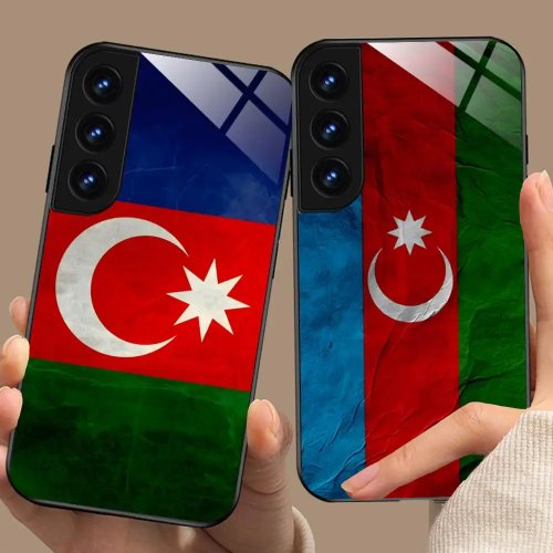 Telefoonhoesje met vlag van Azerbeidzjan, compatibel met Samsung Galaxy S26/S25/S24/S23/S22/S21/S20/Note20/Plus/FE/Ultra - achterzijde van gehard glas