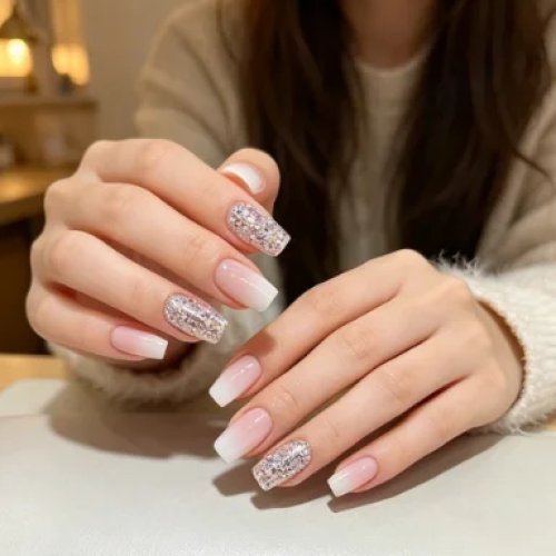 Móng tay giả Press-On Medium Square Nude Hồng Trắng Ombre Pháp cho Cô Dâu, Đầu móng giả lấp lánh bạc óng ánh, Manicure sang trọng cho đám cưới hoặc hàng ngày cho phụ nữ