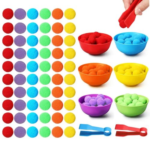 Set di Ordinamento e Conteggio per Bambini - Pompon Arcobaleno, Ciotole di Plastica, Pinzette - Giocattolo per Abilità Motorie Fini