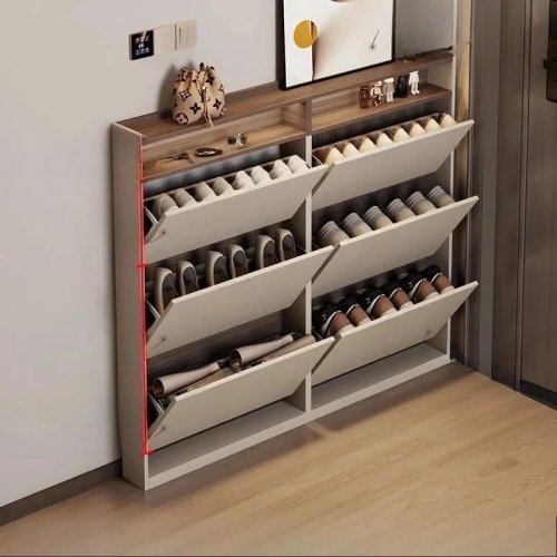 Narrow Hallway Shoe Rack, White Modern Vertical Storage Cabinet with Accent Design