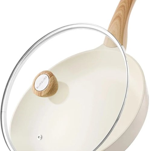 Chảo ceramic chống dính 24 cm có nắp, màu trắng — chảo làm omelet/trứng (chứa PFAS/PTFE/PFOA)