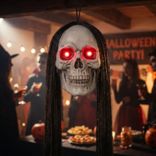 Calavera colgante con cabello largo negro — resina y fibra sintética, ojos LED rojos que brillan, dientes realistas, cuerda para colgar; adorno para Halloween y casa del terror