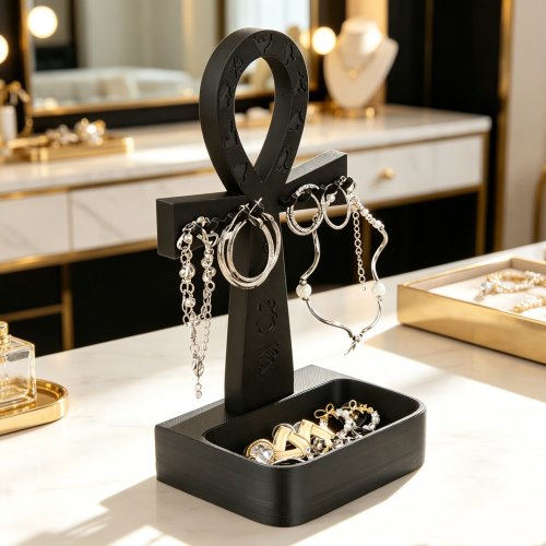 Sieradenstandaard met Egyptisch Ankh-symbool - Opbergrek voor oorbellen en ringen op bureau