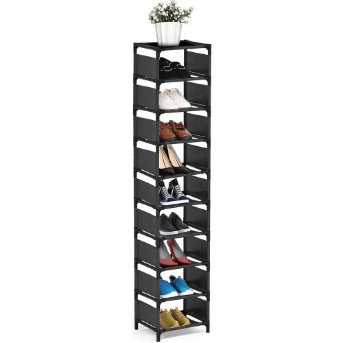 Étagère à chaussures 10 niveaux en métal — Gain de place pour petits espaces, noir