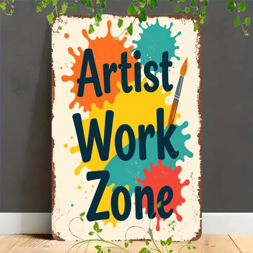 Металлическая винтажная табличка 2D «Artist Work Zone» — Ретро-вывеска для дома, гаража, кафе, бара, сада