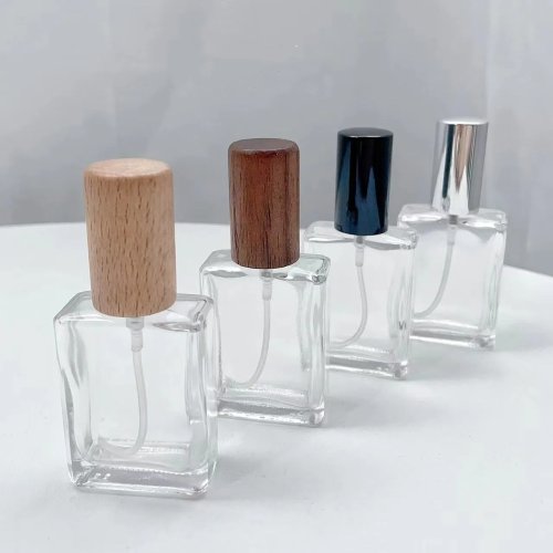 Botol Semprot Parfum 15ml untuk Traveling, Kaca Transparan Kotak Datar, Isi Ulang, Tutup Kayu
