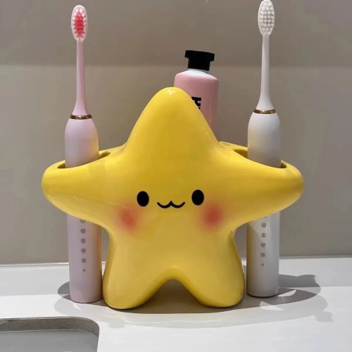 Cute Star-Shaped Toothbrush Holder - Freestanding Bathroom Organizer with Face Design, Space-Saving