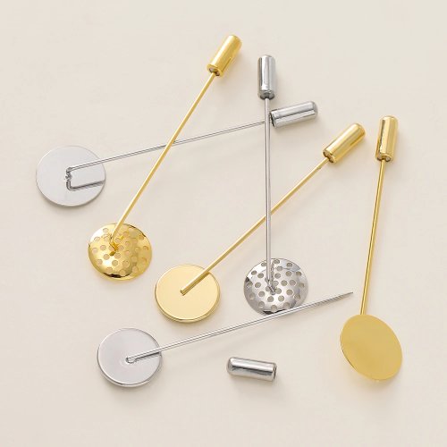 1 st. lange brochespeld-basis, 18K goudkleurig verguld — lege tray/bezels voor DIY reversspeld