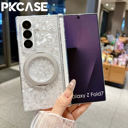 PKCASE transparant hoesje met schelpenprint, magnetisch met dubbele as en ringstandaard voor Samsung Galaxy Z Fold 7/6/5 — schokbestendig