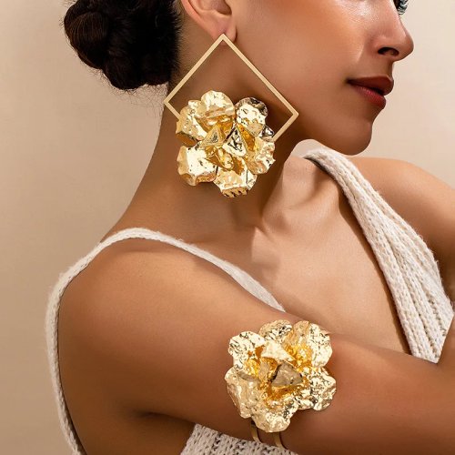 Set pendientes flor geométrica y brazalete – Joyería de moda sencilla, regalo para fiesta, nuevo modelo 2026