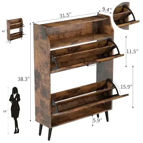 Zapatero rústico de madera con tapa abatible y repisa superior — organizador estrecho para la entrada 24 cm, capacidad 34 pares
