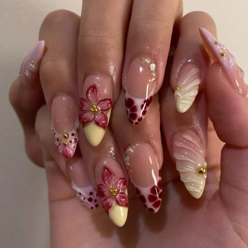 Bộ 24 móng giả dài nhọn (stiletto) – họa tiết báo & vằn, hoa 3D và đính đá pha lê, tháo lắp được, quà tặng hoàn hảo cho sinh nhật hoặc kỷ niệm