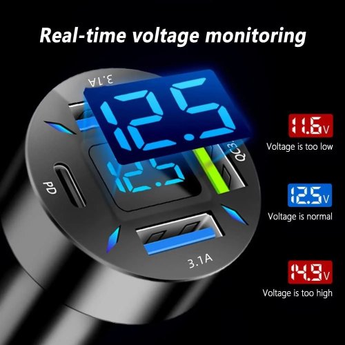 Sạc xe hơi 4 cổng USB có màn hình LED hiển thị số, sạc nhanh PD, 3.1A, cổng USB-C, hiển thị điện áp cho xe 12V/24V (ô tô, xe tải, SUV, van)