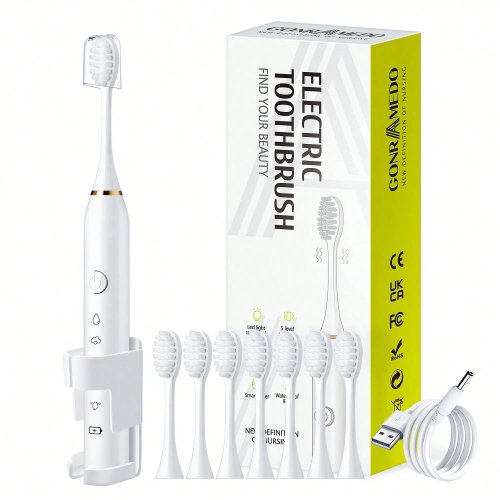 Sikat gigi elektrik dengan 8 kepala pengganti, dudukan dinding & penutup debu, isi ulang USB, 5 mode pembersihan, tahan air IPX7, cocok untuk travel