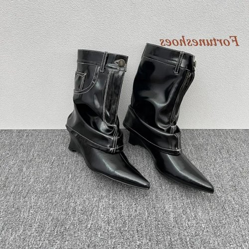 Botas para mujer con parche de cadena, tacón de cuña, punta puntiaguda, cierre frontal, media pierna, moda otoño 2024