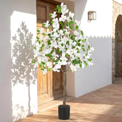Albero artificiale di corniolo bianco 122 cm in vaso — fiori in seta, decorazione per casa, terrazza e portico (interno/esterno)