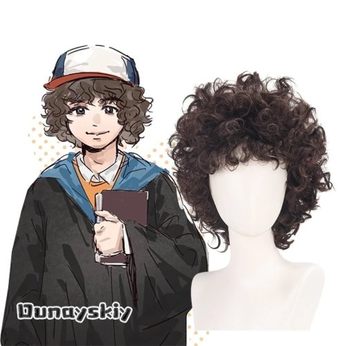 Rambut Palsu Cosplay Dustin Henderson, Pendek Keriting, Sintetis untuk Kostum/Halloween (aBc01)