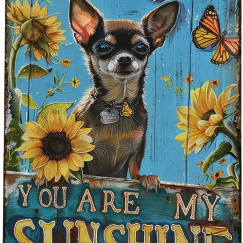 Hiasan dinding logam tin vintage 'You Are My Sunshine' Chihuahua — Dekor dinding aluminium retro untuk rumah, bar, kantor, luar ruangan