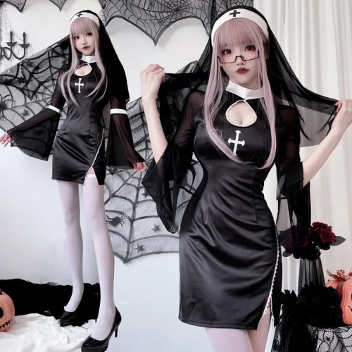Sexy Gothic Vampire Nun Costume – Black lingerie dress with cross print, Halloween roleplay outfit for women