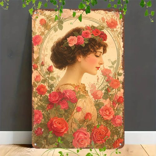Targa in latta metallica rétro 2D «Vintage Rose Maiden» — pannello da parete piatto per casa, garage, caffè, bar e giardino