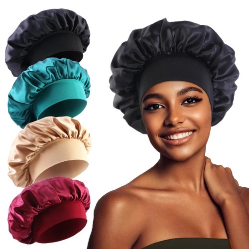 Satin wide-brim nightcap / silky sleep bonnet with elastic band — hair wrap for sleeping
