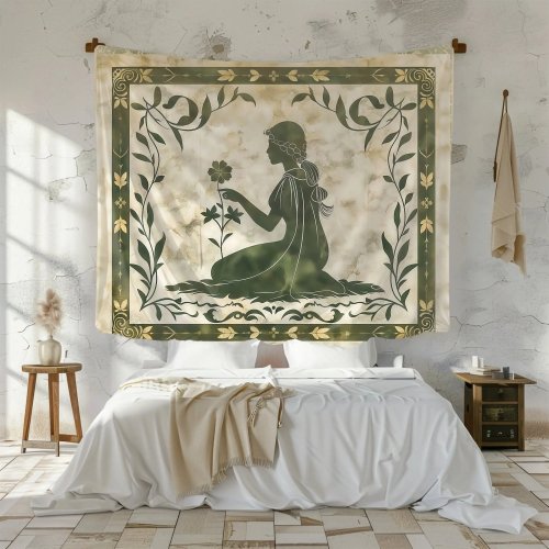 Vintage Wandteppich mit Mädchen‑Silhouette und Blumen, 2D‑Flachdruck auf Peach‑Skin Stoff — Wanddekoration für Schlafzimmer & Wohnzimmer