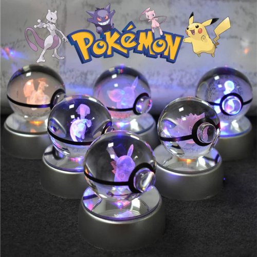 ポケモン 3Dクリスタルボールナイトライト - ピカチュウ、ゲンガー、ミュウツー - モンスターボールランプ フィギュアスタンド 子供誕生日プレゼント