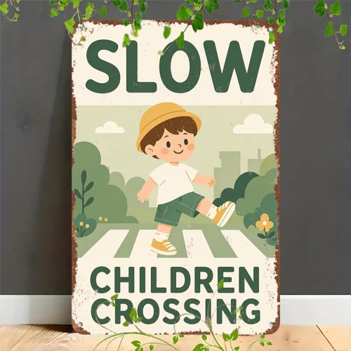 Targa in latta vintage 2D «Bambini attraversano - Rallentare», decorazione per casa, garage, caffè, bar e giardino