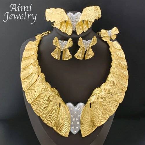 18K vergoldetes Schmuckset – auffälliger großer Choker-Halsreif, lange Ohrhänger, Armband & Ring, Brautschmuck für Hochzeit/Party