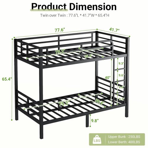 Litera Metálica Twin sobre Twin Resistente, Capacidad 250/400 lb, con Escalera y Barandilla, para Adultos y Adolescentes, Personalizable