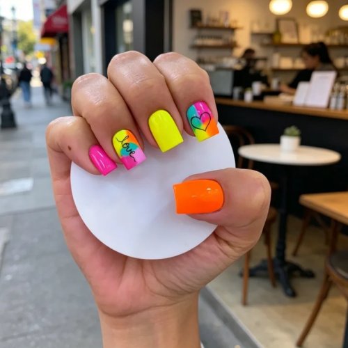 Kuku Palsu Press-On Pendek Kotak Neon Pelangi, Gradien Hot Pink, Oranye, Kuning Jeruk Nipis dengan Tulisan Love dan Hati, Gaya Manikur Musim Panas