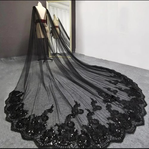 Xale de noiva em renda preto com apliques — capa/poncho longo para casamento, casaco feminino, personalizável