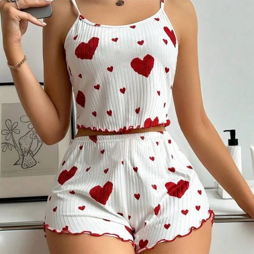 Pijama de Mujer 2 Piezas Top de Tirantes y Shorts S M L Blanco Transpirable Suave Casual Estampado Love