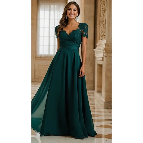 Vestido longo personalizado em renda verde enegrecido com decote em V manga curta linha A para baile casamento e festa