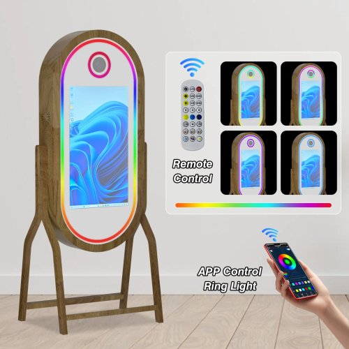 Fotobudka Magic Mirror 21,5/32-inch z ekranem dotykowym — drewniana, vintage, natychmiastowa DSLR na wesele