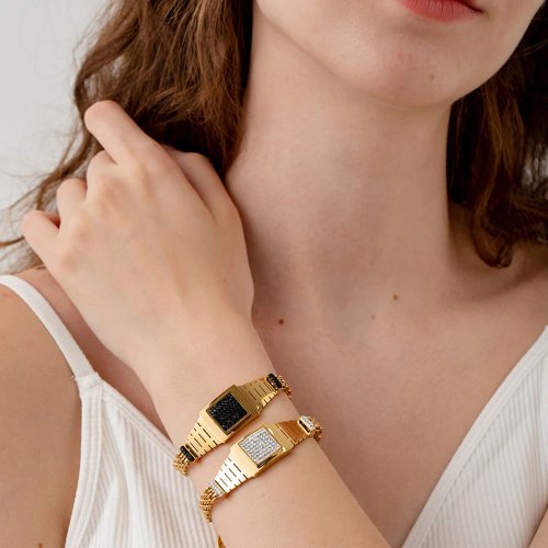 Dây Đồng Hồ Vàng 18K Cho Nữ Chống Nước - Thép Không Gỉ với Đá CZ Trắng Đen, Trang Sức Cao Cấp Quà Tặng