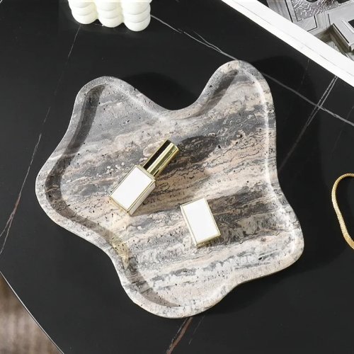 Wabi Sabi natural travertine marble tray — irregular decorative serving bowl for fruit & jewelry, luxury centerpiece