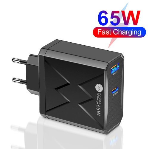 Chargeur Rapide 65W GaN USB-C PD3.0 QC3.0 Adaptateur Secteur Double Port avec Prise EU US KR pour iPhone Samsung Xiaomi Ordinateur Portable Voyage