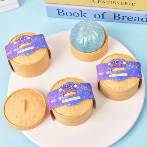Squishy mini tipo dumpling con purpurina y caja de regalo — juguete squishy alimenticio transparente con brillo, juguete sensorial antiestrés para niños y adultos, color aleatorio