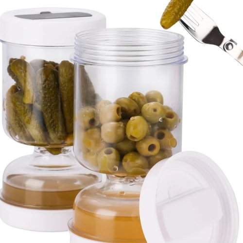 Frasco para aceitunas y encurtidos con colador — frasco tipo reloj de arena con colador integrado, recipiente hermético con tapa abatible