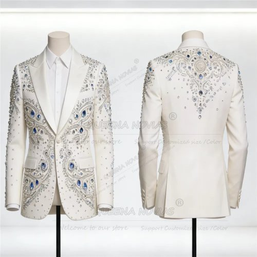 Traje de hombre 2 piezas – Americana de un botón y pantalón con piedras decorativas – Novio/banquete